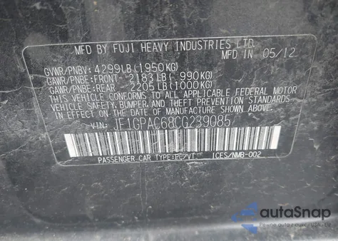 2012 Subaru Impreza 2.0I Premium from USA, damaged, VIN JF1GPAC68CG239085